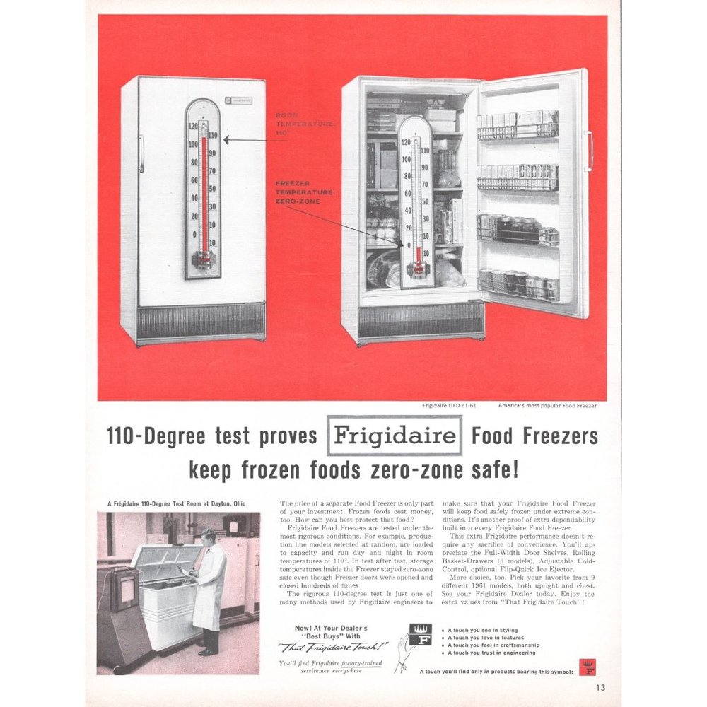 1961 Frigidaire Upright Freezer Vintage Print Ad Midcentury Kithcen Appliances